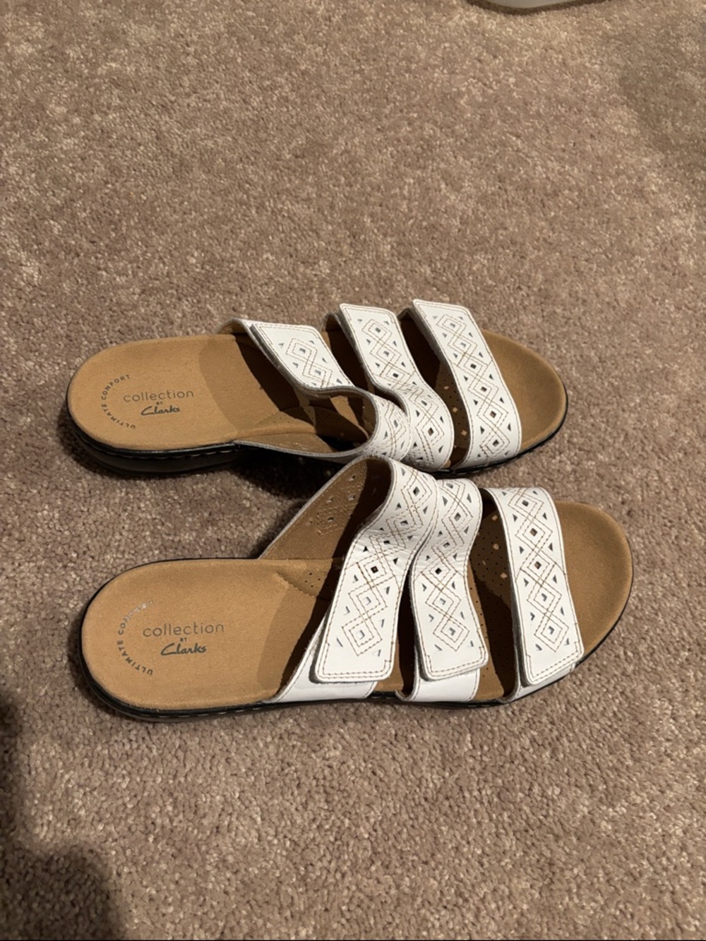 Clarks White Triple-Strap Perforated Slide Sandals